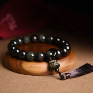Buddha Stones Natural Black Obsidian Lion Wrist Mala Protection Tassels Pocket Mala Car Decoration Wrist Mala&Decorations BS Black Obsidian&Lion