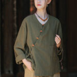 Buddha Stones Solid Color Ramie Linen Loose Blouse Long Sleeve Shirt Chinese Hanfu Top Long Sleeve Shirt BS Green(Bust 116cm)(Top Only)