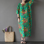 Buddha Stones Red Peony Flowers Printed Midi Dress Half Sleeve Cotton Linen Dress 9