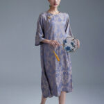 Buddha Stones Small Flower Leaf Jacquard Chinese Cheongsam Qipao Midi Dress With Pockets Cheongsam Dresses BS Dark Purple XL(Bust 128cm/Length 121cm)