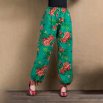 Buddha Stones Ethnic Style Red Green Flowers Print Harem Pants With Pockets Women's Harem Pants BS Green Flowers(Waist 63-100cm/Hips 122cm/Length 92cm)