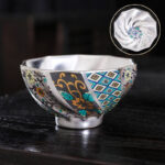 Buddha Stones 999 Sterling Silver Gilding Chrysanthemum Flowers Ceramic Teacup Kung Fu Tea Cup Cup BS Chrysanthemum 8.7cm*4.7cm*100ml