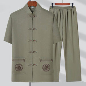 Buddha Stones Fu Character Embroidery Tang Suit Traditional Frog-Button Short Sleeve Top Pants Clothing Men's Set Men's Meditation Cloth BS Light Green(Top&Pants) 4XL(Bust 130cm/Waist 118cm/Pants Length 106cm)