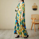 Buddha Stones Orange Blue Colorful Polka Dots Midi Dress Cotton Half Sleeve Dress With Pockets Midi Dress BS 1