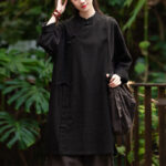 Buddha Stones Vintage Cotton Linen Blouse Women Long Sleeve Shirt Chinese Hanfu Top Long Sleeve Shirt BS Black(Bust 130cm)(Top Only)