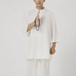 Buddha Stones 2Pcs Buttons Men's Three Quarter Sleeve Shirt Top Pants Meditation Zen Tai Chi Cotton Linen Clothing Set Men's Meditation Cloth BS 1