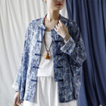Buddha Stones Retro Blue White Flowers Frog-Button Design Long Sleeve Ramie Linen Jacket Shirt 19
