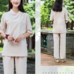 Buddha Stones 2Pcs Half Sleeve V-Neck Shirt Top Pants Meditation Zen Tai Chi Linen Clothing Women's Set Women's Meditation Cloth BS 2