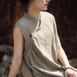 Buddha Stones Handmade Tie Dye Midi Dress Linen Sleeveless Dress 23