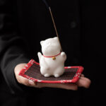 Buddha Stones Mini Cute Cat Ceramic Healing Incense Burner Desk Decoration Incense Burner BS 2