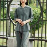 Buddha Stones 2Pcs Shirt Top Pants Meditation Zen Tai Chi Cotton Linen Clothing Women's Set Women's Meditation Cloth BS Green(Top&Pants) 2XL(Bust 124cm/Waist 68-104cm/Pants Length 97cm)
