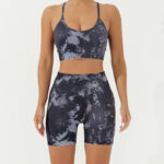 Buddha Stones 2Pcs Camo Print Backless Criss-Cross Strap Top Bra Shorts Leggings Pants Fitness Yoga Outfit Set 2-Piece Outfit BS Black Gray 2Pcs(Top&Shorts) L