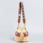 Buddha Stones Beach Geometry Straw Woven Bucket Tassels Crossbody Bag Shoulder Bag Crossbody Bag BS Beige 22*19*22cm