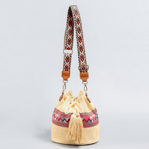 Buddha Stones Beach Geometry Straw Woven Bucket Tassels Crossbody Bag Shoulder Bag Crossbody Bag BS Beige 22*19*22cm