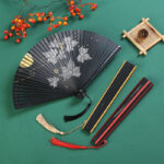 Buddha Stones Vintage Cloud Crane Maple Leaf Pattern Handheld Bamboo Folding Fan Folding Fan BS 5