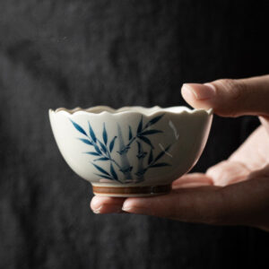 Buddha Stones Small Blue Bamboo Leaves Ceramic Teacup Kung Fu Tea Cup Bowl Cup BS 7.7cm*4cm*65ml