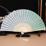 Buddha Stones Classic Birds Singing Flowers Handheld Bamboo Folding Fan Folding Fan BS Green Flower Branch