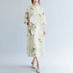 Buddha Stones Flowers Green Yellow Leaves Print Cheongsam Midi Dress Three Quarter Sleeve Dress With Pockets Cheongsam Dresses BS 4