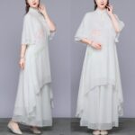 Buddha Stones 2Pcs Lotus Flower Cheongsam Midi Dress Wide Leg Pants Chiffon Zen Women's Set Women's Meditation Cloth BS 4