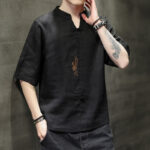 Buddha Stones Frog-Button Phoenix Embroidery Chinese Tang Suit Short Sleeve Shirt Cotton Linen Men Clothing Men's Shirts BS 18
