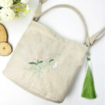 Buddha Stones Embroidery Wisteria Plum Lotus Cherry Blossom Cotton Linen Canvas Tote Crossbody Bag Shoulder Bag Handbag Crossbody Bag BS 35