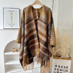 Buddha Stones Tibetan Shawl Colorful Wavy Striped Shapes Tassels Winter Cozy Travel Scarf Wrap Tibetan Shawl BS Yellow Brown