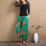 Buddha Stones Ethnic Style Red Green Flowers Print Harem Pants With Pockets Women's Harem Pants BS 14