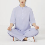 Buddha Stones 2Pcs Solid Color Three Quarter Shirt Top Pants Meditation Zen Tai Chi Cotton Linen Clothing Women's Set Women's Meditation Cloth BS Purple(Top&Pants) 2XL(Bust 112cm/Waist 70-104cm/Pants Length 101cm)