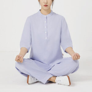 Buddha Stones 2Pcs Solid Color Three Quarter Shirt Top Pants Meditation Zen Tai Chi Cotton Linen Clothing Women's Set Women's Meditation Cloth BS Purple(Top&Pants) 2XL(Bust 112cm/Waist 70-104cm/Pants Length 101cm)
