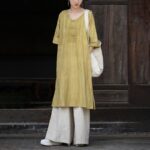 Buddha Stones Handmade Tie Dye Ramie Linen Frog-Button Midi Dress Wide Leg Pants With Pockets Midi Dress&Wide Leg Pants BS 27