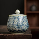 Buddha Stones Blue and White Porcelain Chinese Gongfu Tea Ceramic Kung Fu Teapot Cup Tea Filter Canister Teapot BS Tea Canister 9.5cm*11cm*300ml