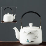 Buddha Stones Vintage Dragon Mountain Fisherman Landscape White Porcelain Ceramic Kung Fu Teapot Teapot BS Lakeside Fisherman 15.3cm*10.6cm*600ml