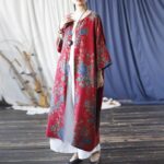 Buddha Stones Red Blue Flowers Print Cotton Three Quarter Sleeve Open Front Jacket Coat 6