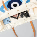 Buddha Stones Large Capacity Evil Eye Leaf Hamsa Tassel Canvas Tote Shoulder Bag Shoulder Bag BS 2