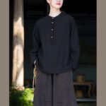 Buddha Stones Solid Color Loose Button Blouse Long Sleeve Shirt Top Long Sleeve Shirt BS 31