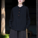Buddha Stones Solid Color Loose Button Blouse Long Sleeve Shirt Top Long Sleeve Shirt BS 34