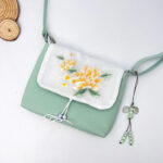 Buddha Stones Embroidered Camellia Epiphyllum Gardenia Sakura Flowers Crossbody Bag Shoulder Bag Cellphone Bag Crossbody Bag BS Green Gold Peony 23*19*3.5cm