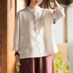 Buddha Stones Solid Color Loose Button Blouse Long Sleeve Shirt Top Long Sleeve Shirt BS 1