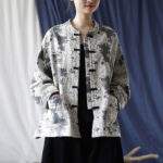 Buddha Stones Black Gray Print Frog-button Design Long Sleeve Cotton Linen Jacket Shirt With Pockets Women's Shirts BS 24