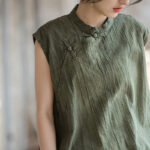 Buddha Stones Handmade Tie Dye Ramie Linen Frog-Button Sleeveless Vest 28