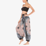 Buddha Stones Two Style Wear Round Geometric Pattern Loose Smocked Harem Trousers Jumpsuit High Waist Women's Yoga Pants Harem Pants&Bodysuit BS 32