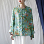 Buddha Stones Pink Flowers Green Leaves Print Frog-button Design Long Sleeve Ramie Linen Jacket Shirt Women's Shirts BS 40