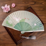 Buddha Stones Jasmine Lotus Begonia Flowers Handheld Silk Bamboo Folding Fan