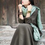 Buddha Stones Simple Midi Dress Cotton Linen Zen Tunic Dress With Pockets Midi Dress BS 3