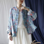 Buddha Stones Pink Flowers Green Leaves Print Frog-button Design Long Sleeve Ramie Linen Jacket Shirt Women's Shirts BS 6