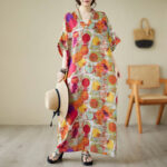 Buddha Stones Orange Blue Colorful Polka Dots Midi Dress Cotton Half Sleeve Dress With Pockets Midi Dress BS Orange(Dress Only) F(Bust 158cm/Hem 158cm/Length 133cm)