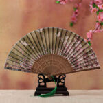 Buddha Stones Cherry Blossom Lily Butterfly Bamboo Handheld Bamboo Folding Fan 21cm Folding Fan BS Light Green Butterfly Cherry Blossom 21cm
