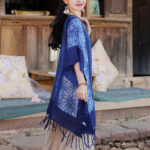 Buddha Stones Blue Geometric Stripes Batik Shawl Tassels Cozy Travel Pullover 90*95cm 4