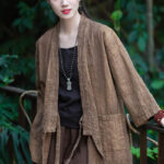Buddha Stones Hanfu Design Three Quarter Sleeve Ramie Linen Coat Open Front Top Jacket Coat BS 18