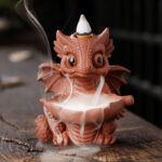 Buddha Stones Lovely Dinosaur Purple Clay Backflow Smoke Fountain Healing Incense Burner Decoration Incense Burner BS Orange